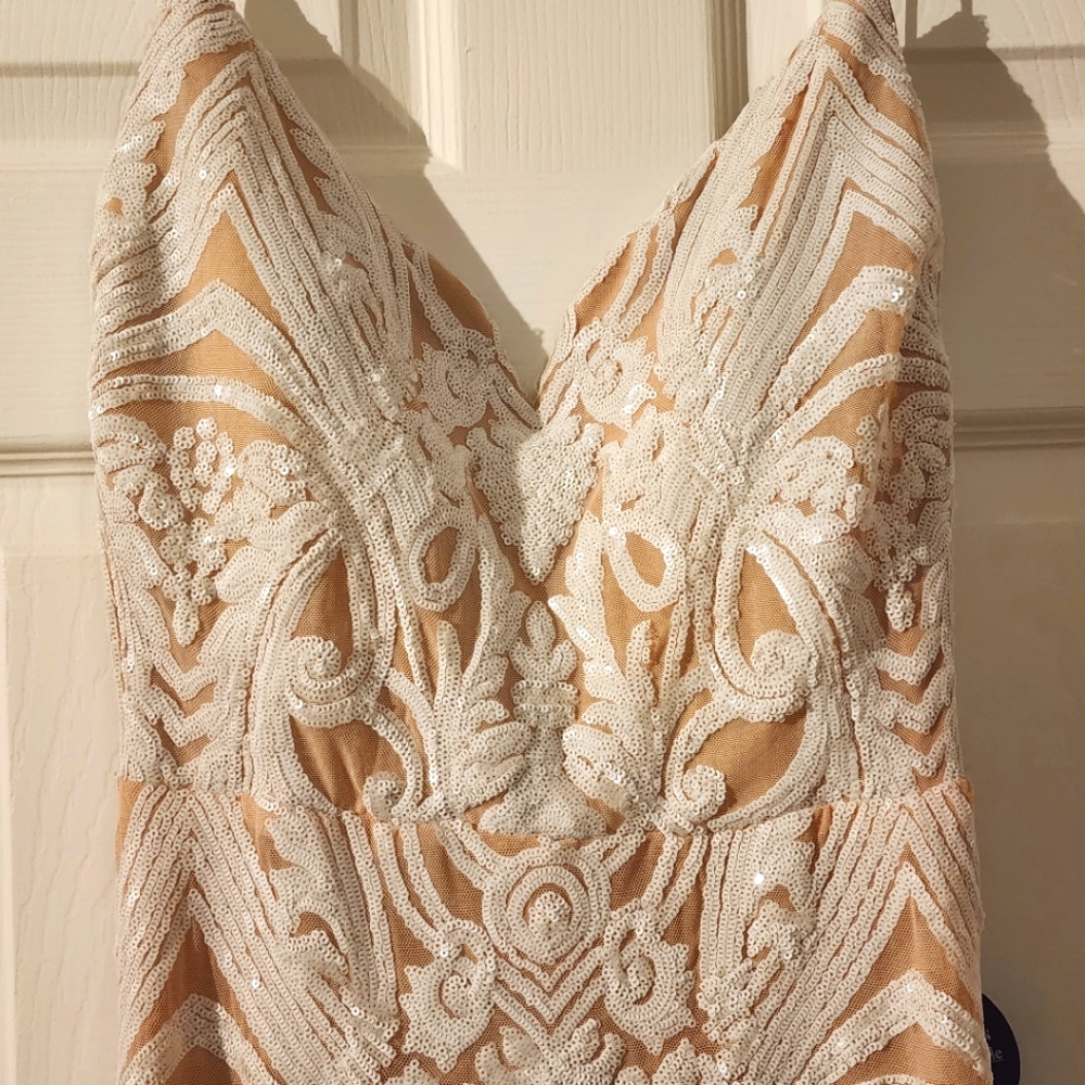 Nude/White Beaded Formal Dress Backless